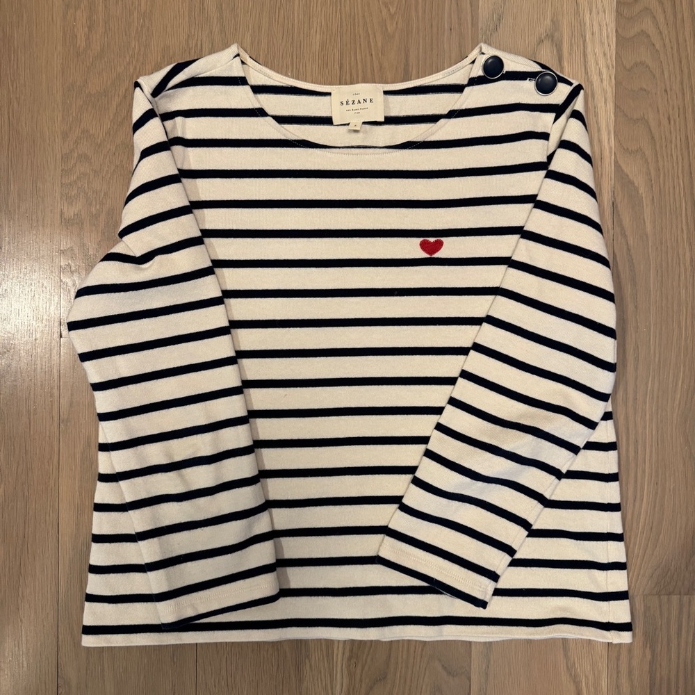 Sezane Navy and White Striped Colette Long Sleeve Tee
